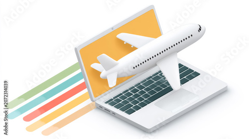 Digital travel concept with airplane emerging from laptop on colorful stripes background