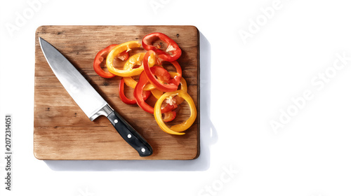 Sliced red and yellow bell peppers on wooden cutting board with knife