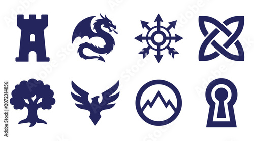 Cuadro en lienzo Dark blue medieval fantasy crests and heraldic symbols.