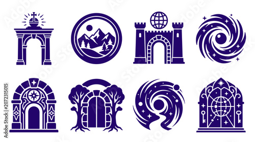 фотографія Purple mystical gate portal and celestial landscape icons.