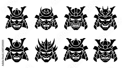 Set of Japanese samurai helmet Kabuto silhouette icons.