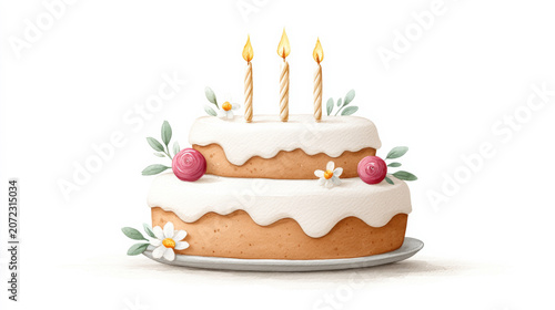 Two-tiered birthday cake with flowers and candles on white background