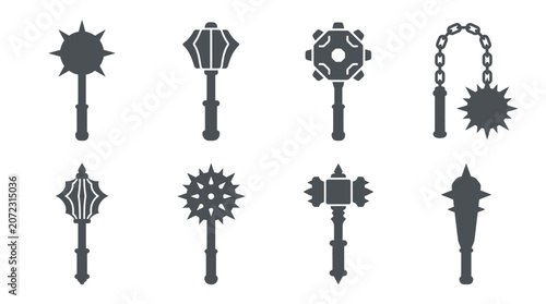 Fotografi Set of gray medieval mace and flail weapon silhouettes.