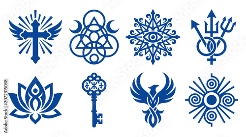 Obraz na plátně Set of blue mythical and religious decorative symbols.