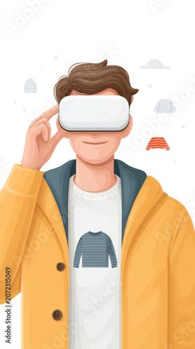 Young caucasian male experiencing virtual reality with headset and yellow coat