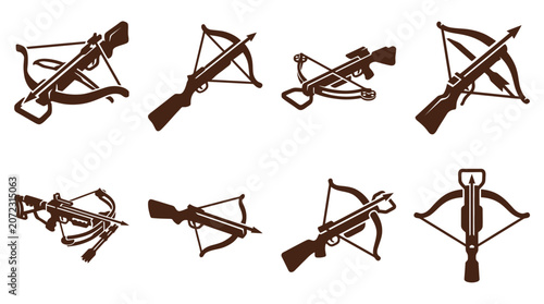 Fotografie Collection of brown crossbow icons in different weapon styles.
