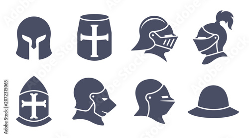 Tableau sur toile Collection of historical knight helmet silhouette icons.