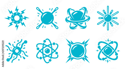 Cyan atomic nucleus and fusion energy icon set.