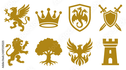 Gold heraldic shield and royal symbol icons.
