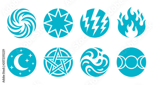 Photos Teal elemental magic and celestial power circle icons.
