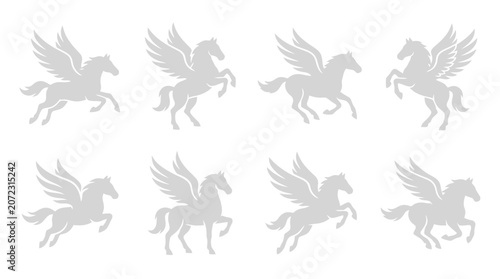 Fotografía White Pegasus winged horse silhouettes for mythological designs.