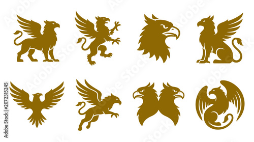 Golden griffin and eagle heraldic icons.