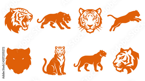 Collection of orange tiger and big cat silhouettes.