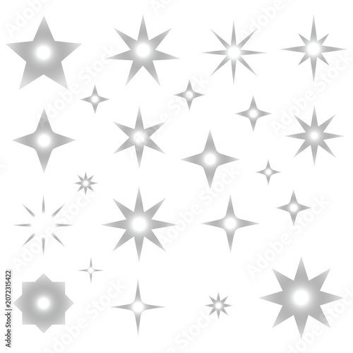 Collection of white glowing star shapes and sparkle light effects isolated on a clean white background