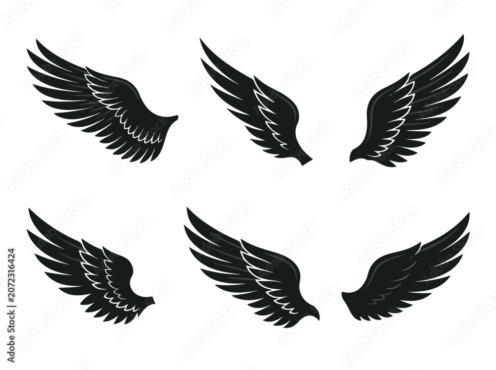 Fototapeta premium Set of five black angel wings with detailed feather textures arranged in a circular pattern on a white background