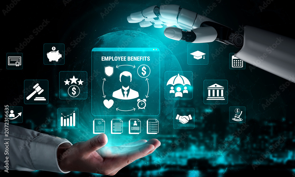 Obraz premium Futuristic Concept of Human-Robot Interaction Highlighting Employee Benefits in a Digital Environment with Visual Icons of Services and Support. Glyphic.