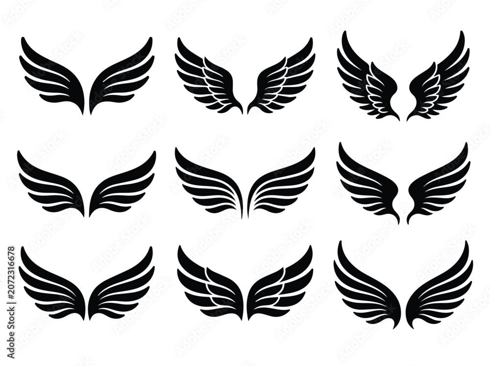 Fototapeta premium Set of nine black stylized wing icons with various shapes and designs for logos or symbols