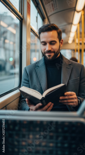 Thoughtful Young Man Reading a Book While Commuting on Public Transport