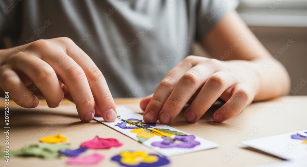 Fototapeta premium Hands meticulously arrange pressed colorful flower petals onto a clean white card for a creative art project.