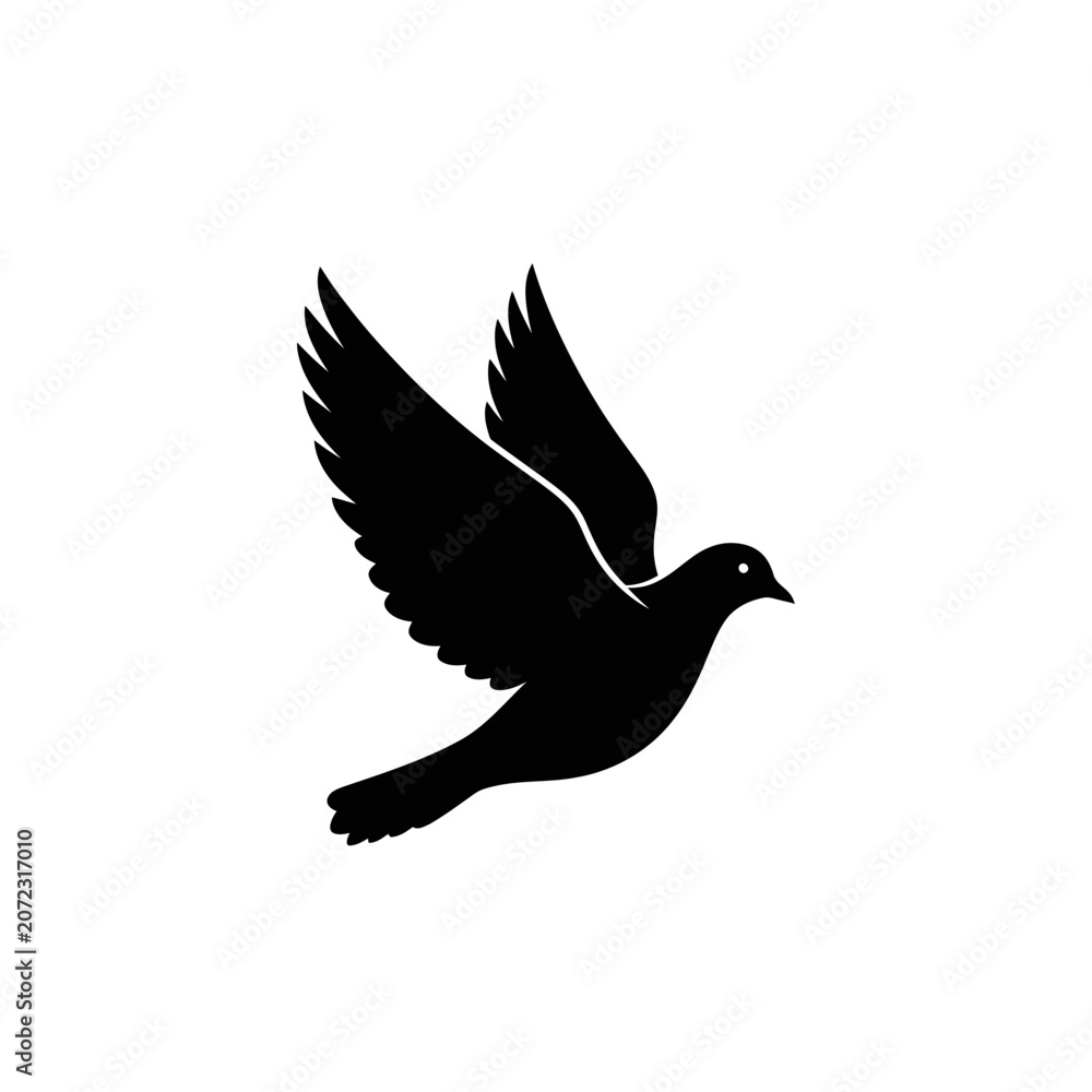 Fototapeta premium Black silhouette of a dove flying against a white background