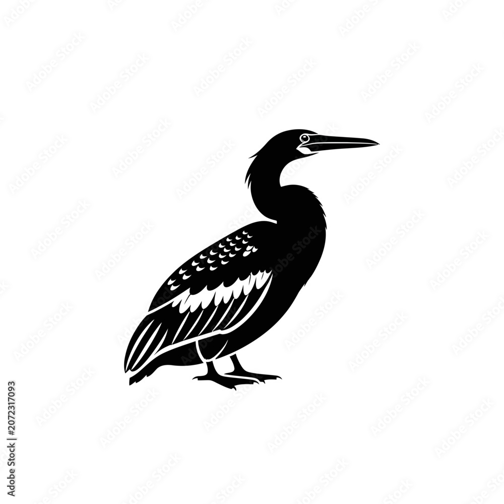 Fototapeta premium Black silhouette of a loon bird standing on a white background