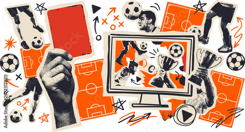 Cuadro en lienzo Vintage soccer collage with red card and football players, retro sports broadcas