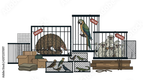 Fotografija Caged wild animals representing illegal wildlife trade and trafficking