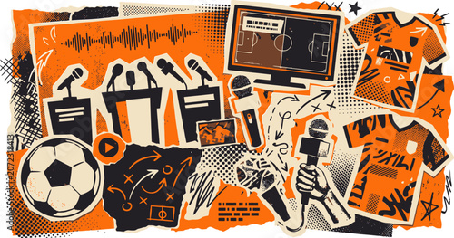 Fotografía Urban grunge soccer media collage, football journalism and sports broadcasting v