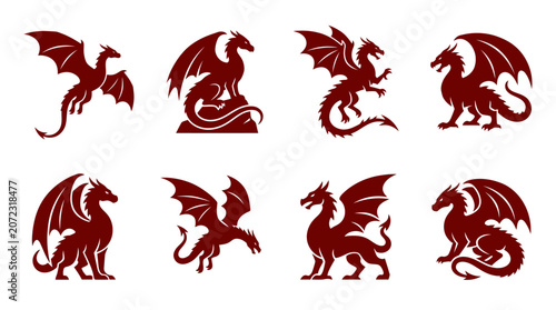 Принти на полотні Red dragon silhouettes for fantasy branding.
