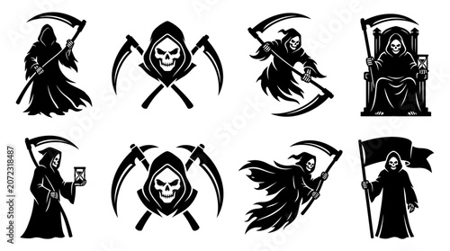 Foto Grim Reaper death silhouettes set with scythe and hourglass.