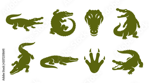 Schilderij op canvas Green crocodile and alligator silhouette icon set collection.