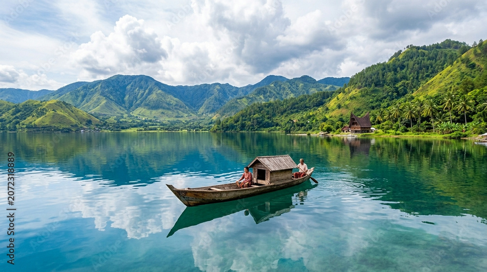 Obraz premium Traditional Wooden Boat on Lake Toba Indonesia