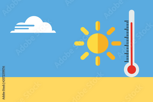 Hot Summer Sun With Thermometer Showing High Temperature, Sunny Blue Sky and Heat