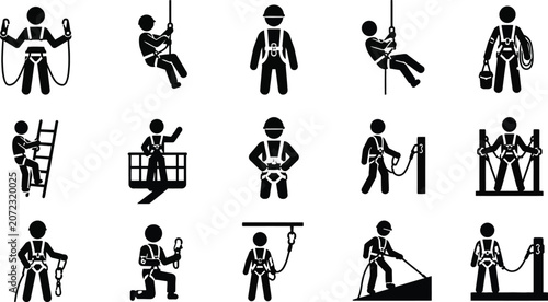 Detailed black and white vector illustration showing various construction workers wearing safety harnesses and essential gear for industrial height tasks
