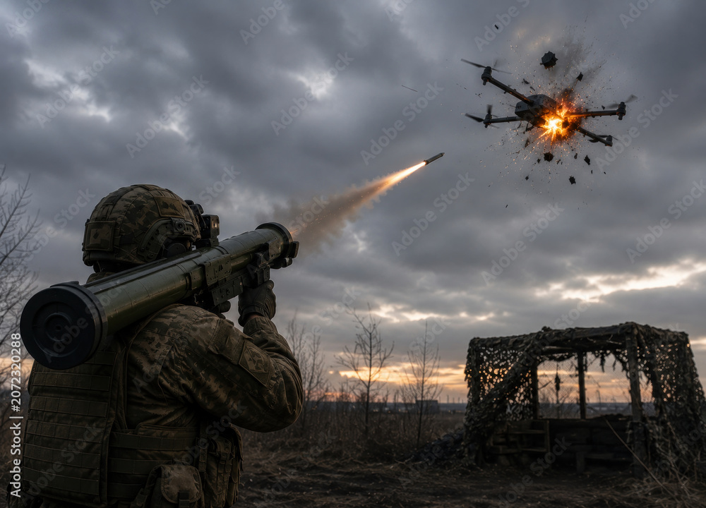 Fototapeta premium Soldier intercepting hostile drone with portable air defense missile