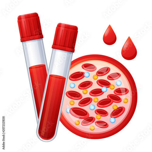 Blood medical test tube, liquid plasma sample cells clinic laboratory analysis. Health care. Bloody red drops lab chemical research. Glass flask, medicine screening. Hospital disease treatment. Vector