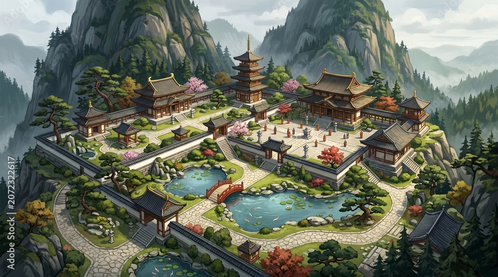 Fototapeta premium Ancient Buddhist Monastery on Mountain Peak – Spiritual Retreat