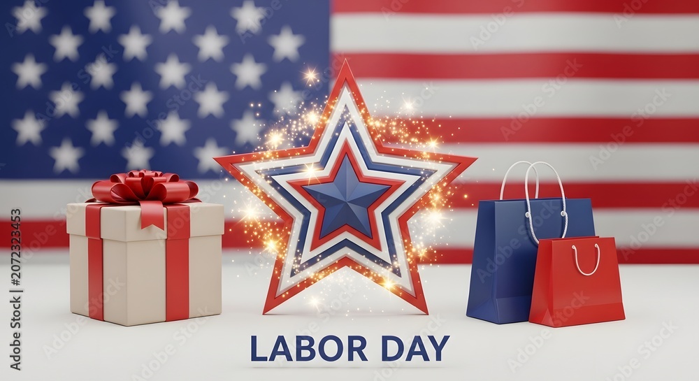 Fototapeta premium Labor day sale concept with gift box, shopping bags and star
