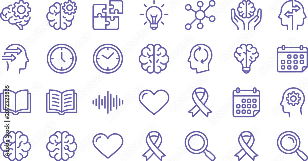 Fototapeta premium A collection of blue line vector icons representing mental health, cognitive psychology, and medical concepts