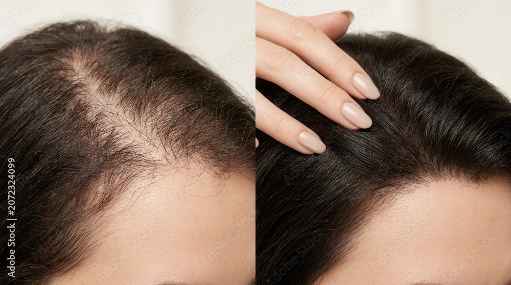 Naklejka premium Before and after comparison of hair loss treatment results on a woman's scalp.
