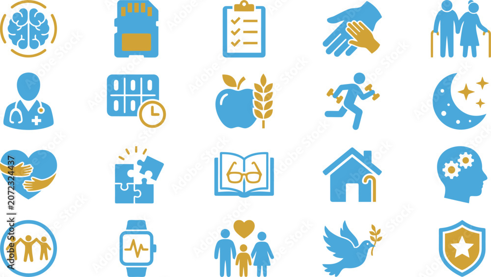 Fototapeta premium Set of blue and gold vector icons representing health, lifestyle, community, and daily wellness activities