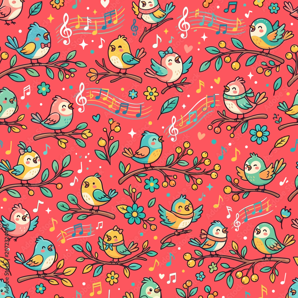 Naklejka premium Colorful cartoon birds on branches with music notes and flowers on red background