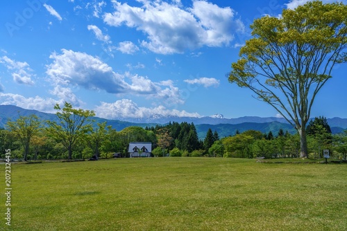 初夏の青空と新緑の芝生広場 残雪の白山連峰を望む高原の風景
