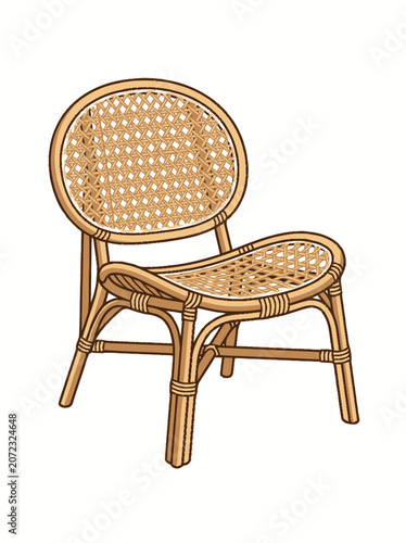 Wicker Rattan Chair - Round Back, Natural Light Brown, Isolated on White Background