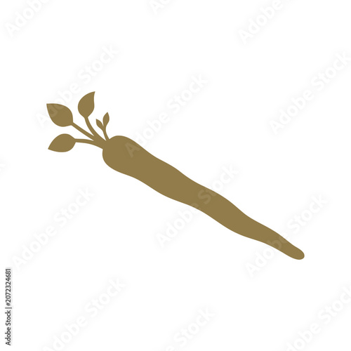 Golden Parsnip Silhouette Icon with Green Leaves on White Background