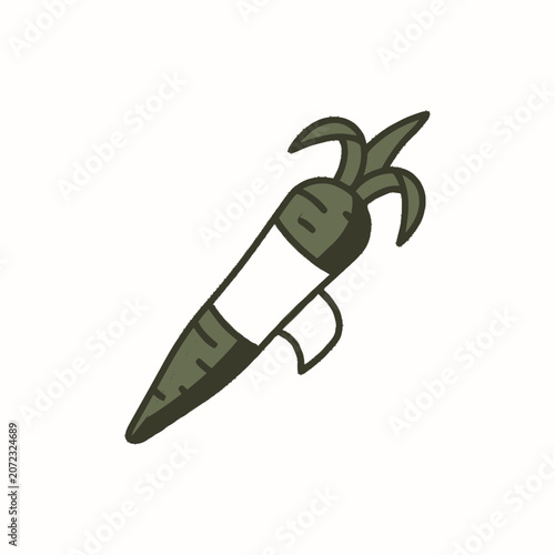 Stylized illustration of a green carrot with a blank label, simple cartoon style