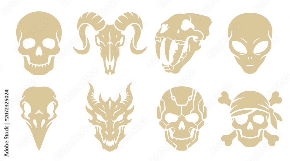 Fototapeta premium Diverse skull and creature head silhouette icon collection.