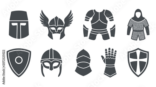 Obraz na plátně Medieval knight armor and warrior equipment icon set.