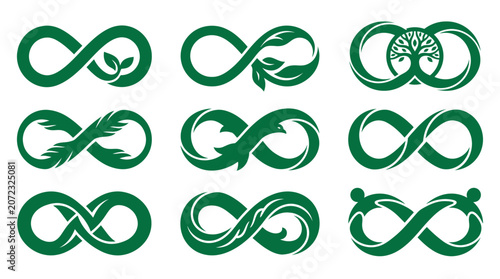 Foto Green infinity symbols with leaf and tree accents.