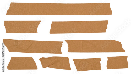 Brown paper masking tape set isolated on transparent background. Ripped adhesive tape pieces with torn edges and wrinkles for scrapbooking. Png transparent.